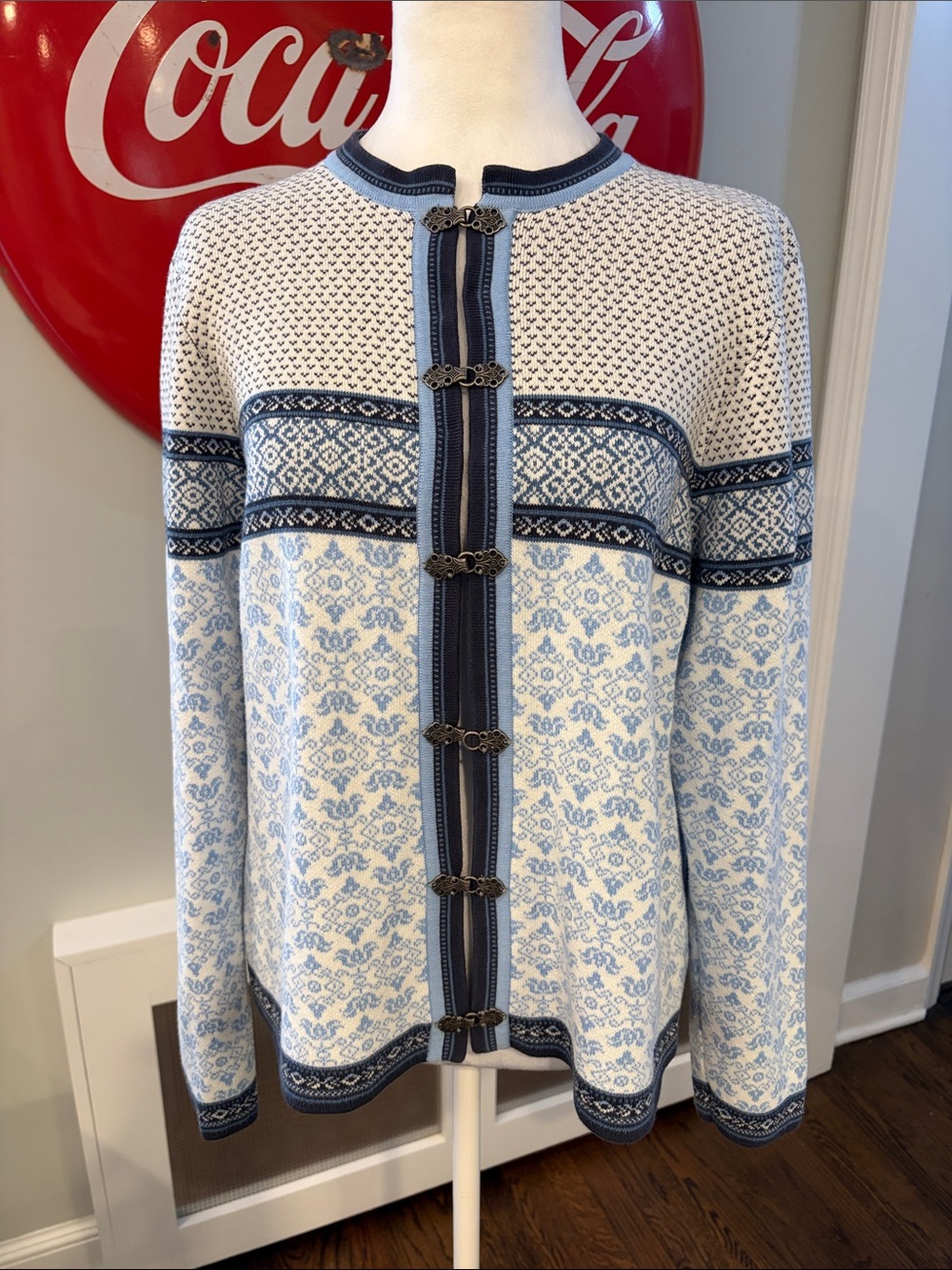 Vintage LL Bean Fair Isle Nordic 💯% Cotton Ski Cardigan with Unique Closures, L